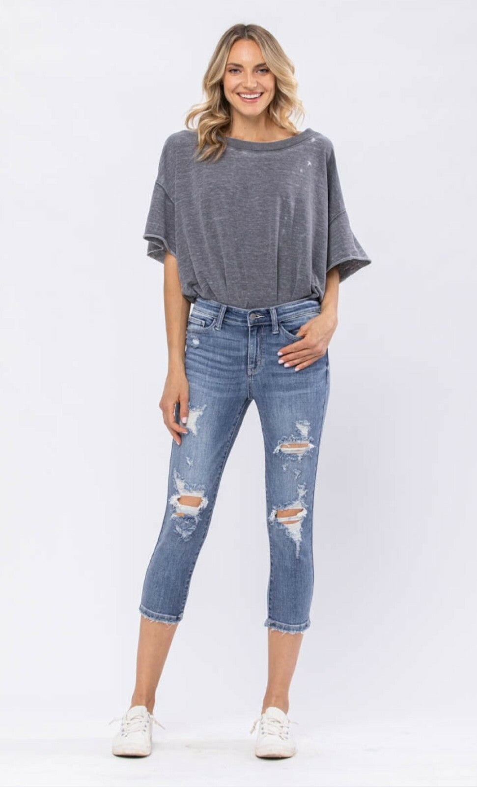 Judy Blue Mid-Rise Skinny Destroyed 22" Inseam Capri