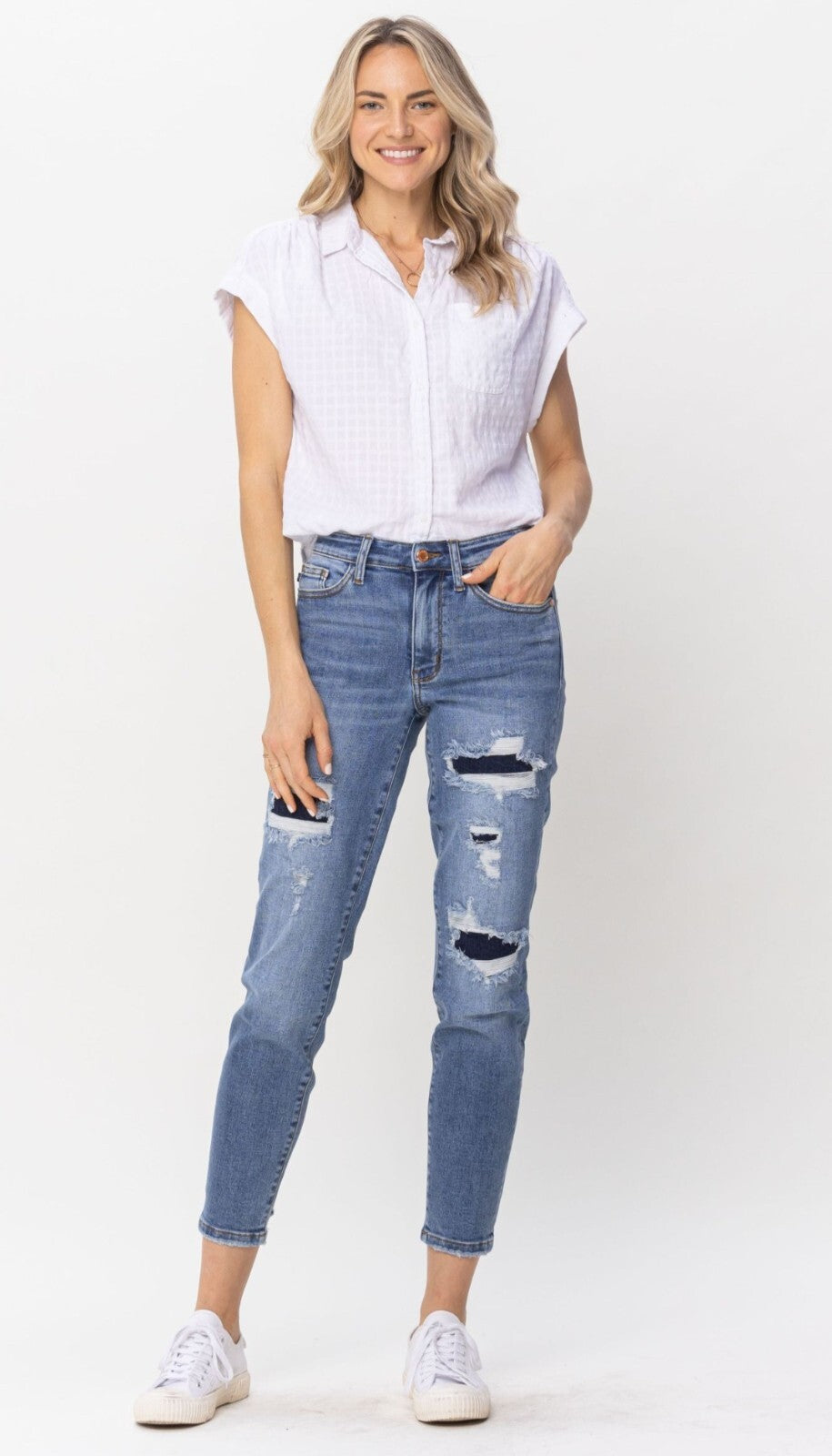 Judy Blue Mid-Rise Patched Relaxed Jeans