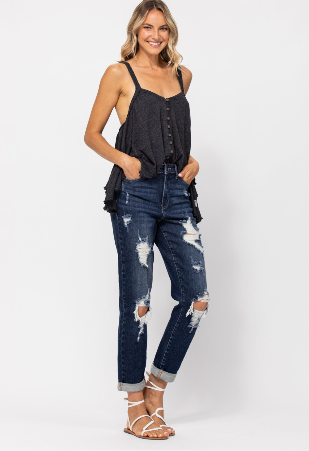 Judy Blue High Waist Boyfriend Destroyed Cuffed Jeans