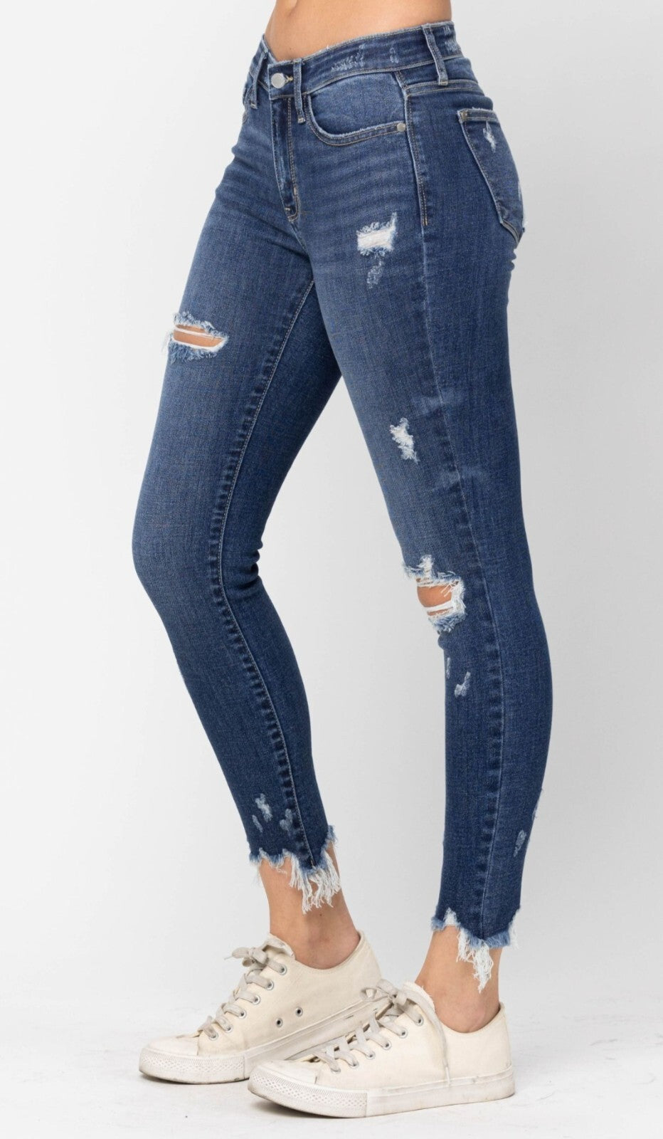 Judy Blue Mid-Rise Raw Hew Destroyed Skinny Jeans