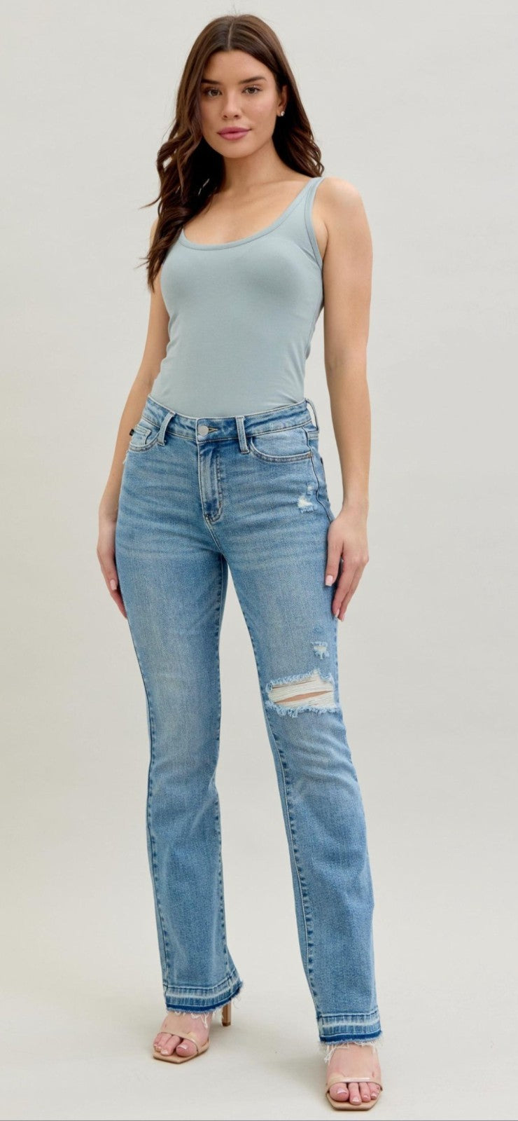 Judy Blue Mid- Rise Destroyed Knee  Release Hem Bootcut Jeans