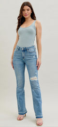 Judy Blue Mid- Rise Destroyed Knee  Release Hem Bootcut Jeans