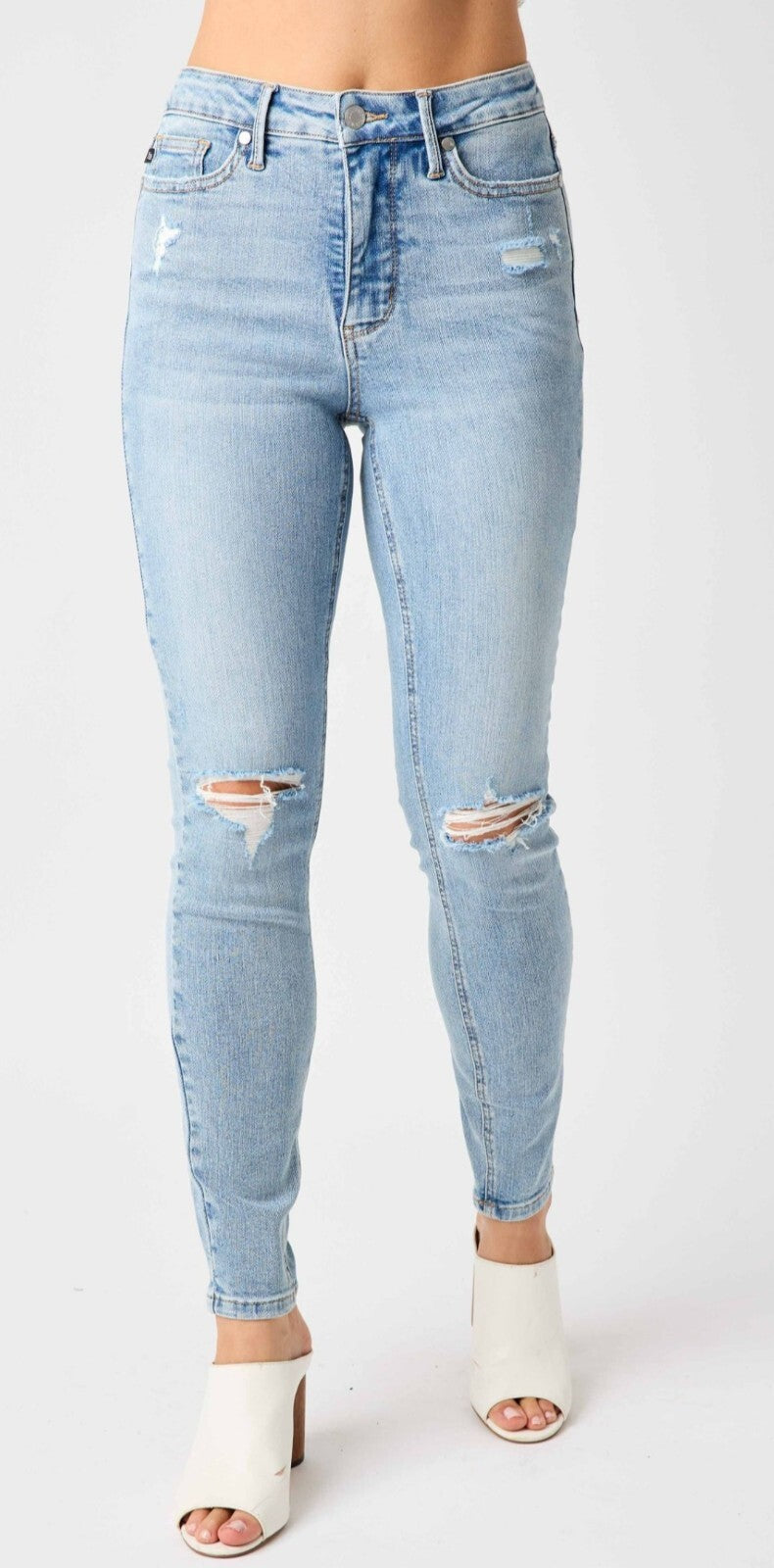 Judy Blue  Mid-Rise Skinny  W/ Tummy Control Destroyed Knee Jeans