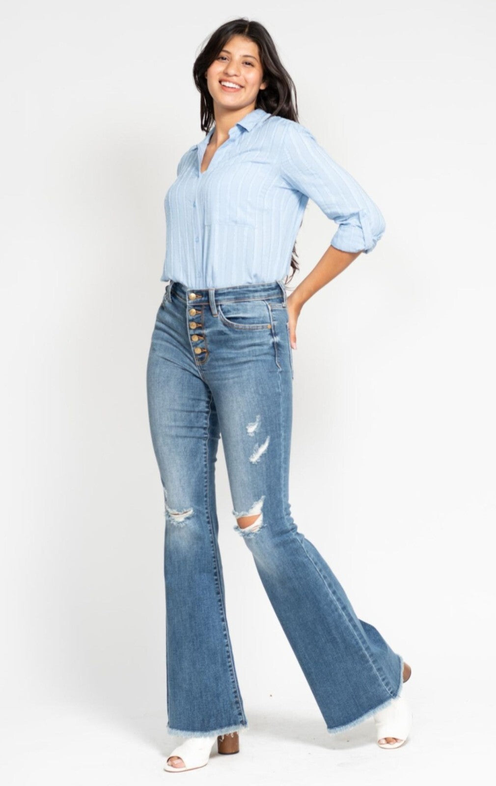 Judy Blue Mid-Rise Button Fly Flare W/ Frayed Hem Jeans