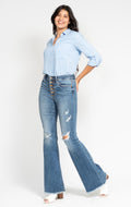 Judy Blue Mid-Rise Button Fly Flare W/ Frayed Hem Jeans