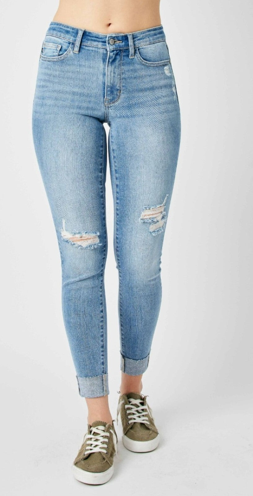 Judy Blue Mid-Rise Distressed Cuff Skinny Jeans
