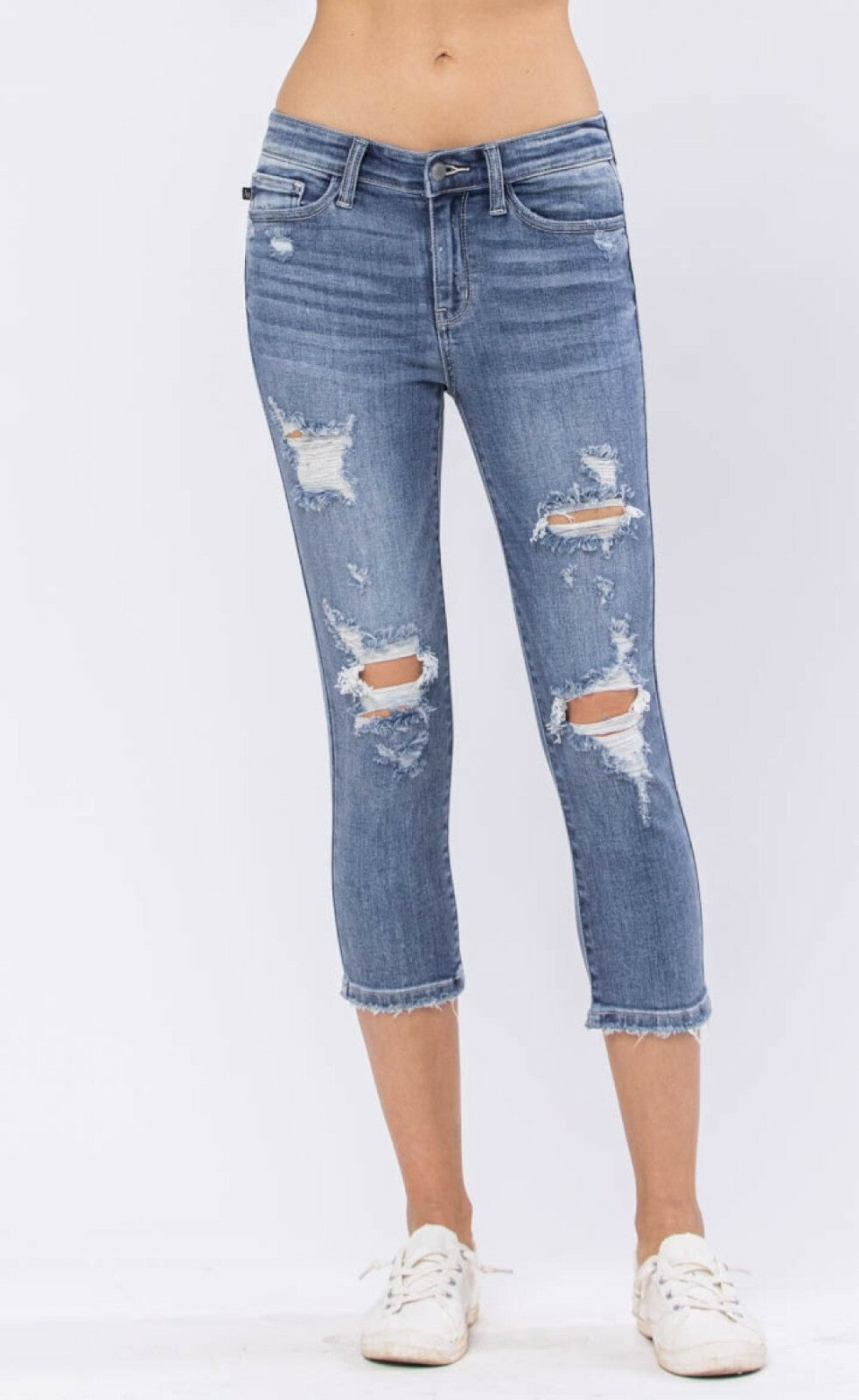Judy Blue Mid-Rise Skinny Destroyed 22" Inseam Capri