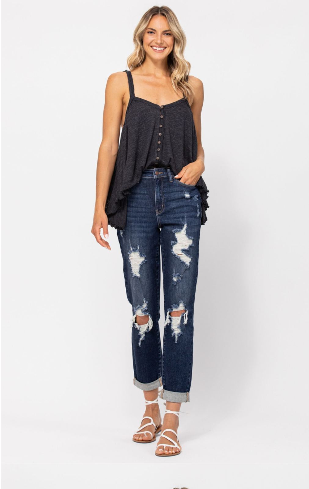 Judy Blue High Waist Boyfriend Destroyed Cuffed Jeans