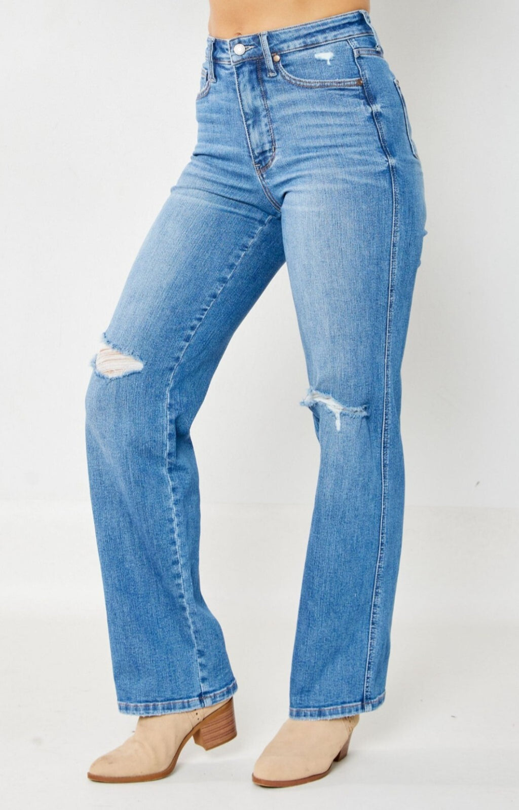 Judy Blue  High-Rise Straight  W/ Tummy Control Destroyed Knee Jeans
