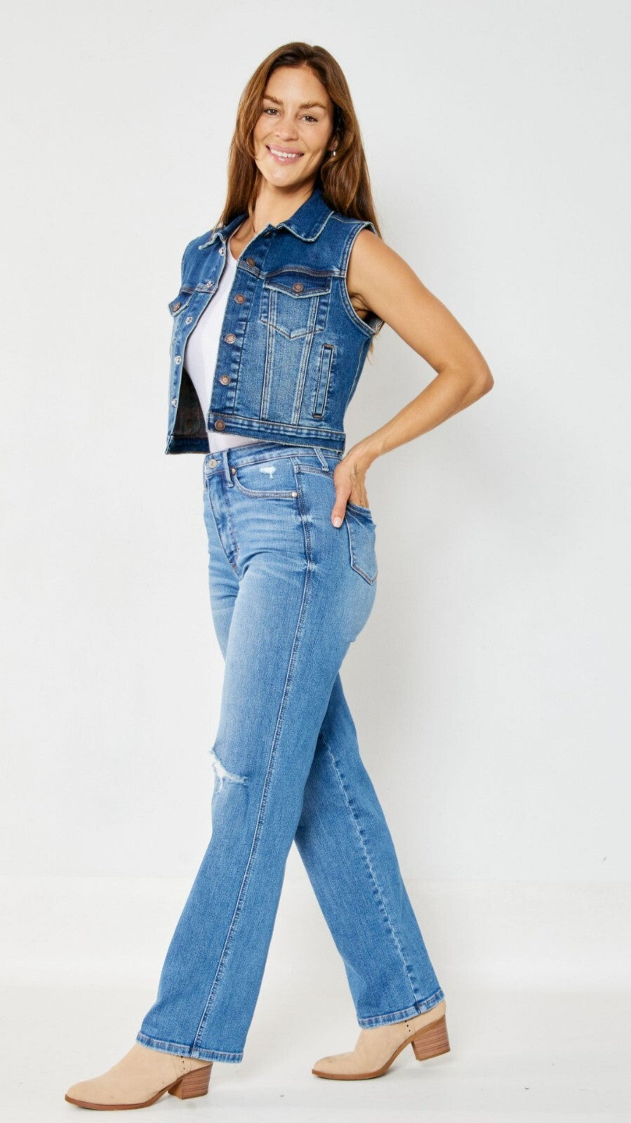 Judy Blue  High-Rise Straight  W/ Tummy Control Destroyed Knee Jeans