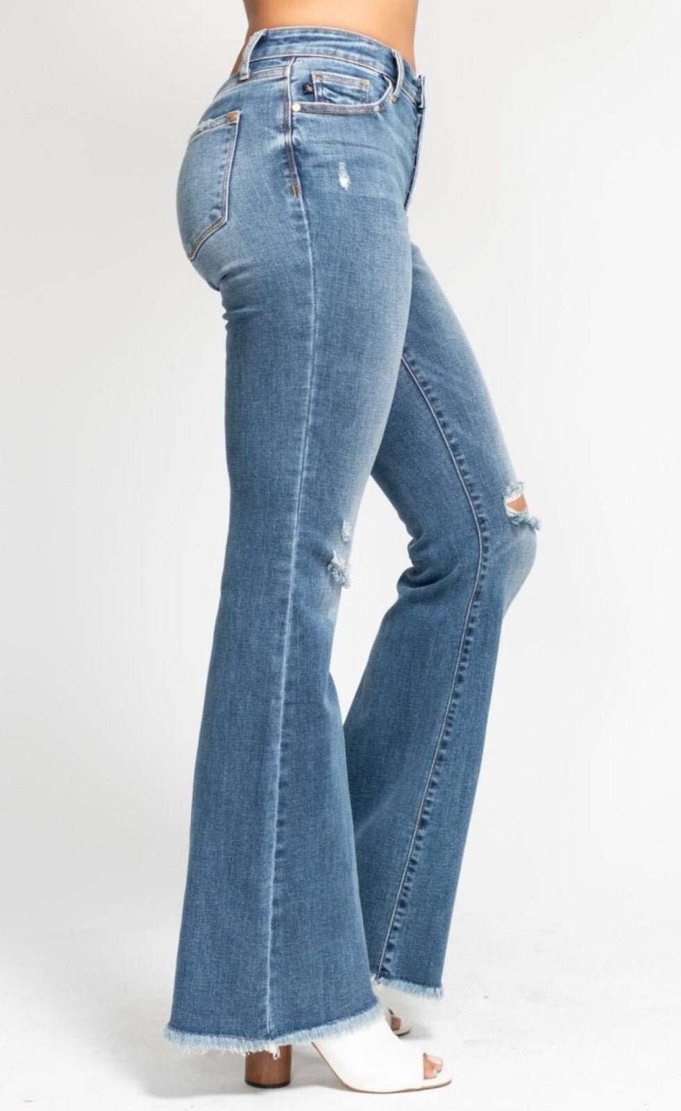Judy Blue Mid-Rise Button Fly Flare W/ Frayed Hem Jeans