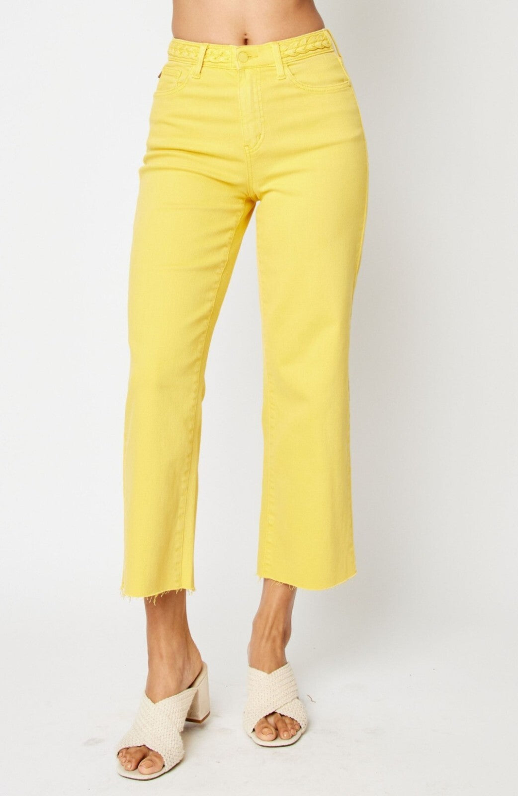 Judy Blue High-Rise Yellow W/Braided WaistBand Wide Leg Crop Jeans