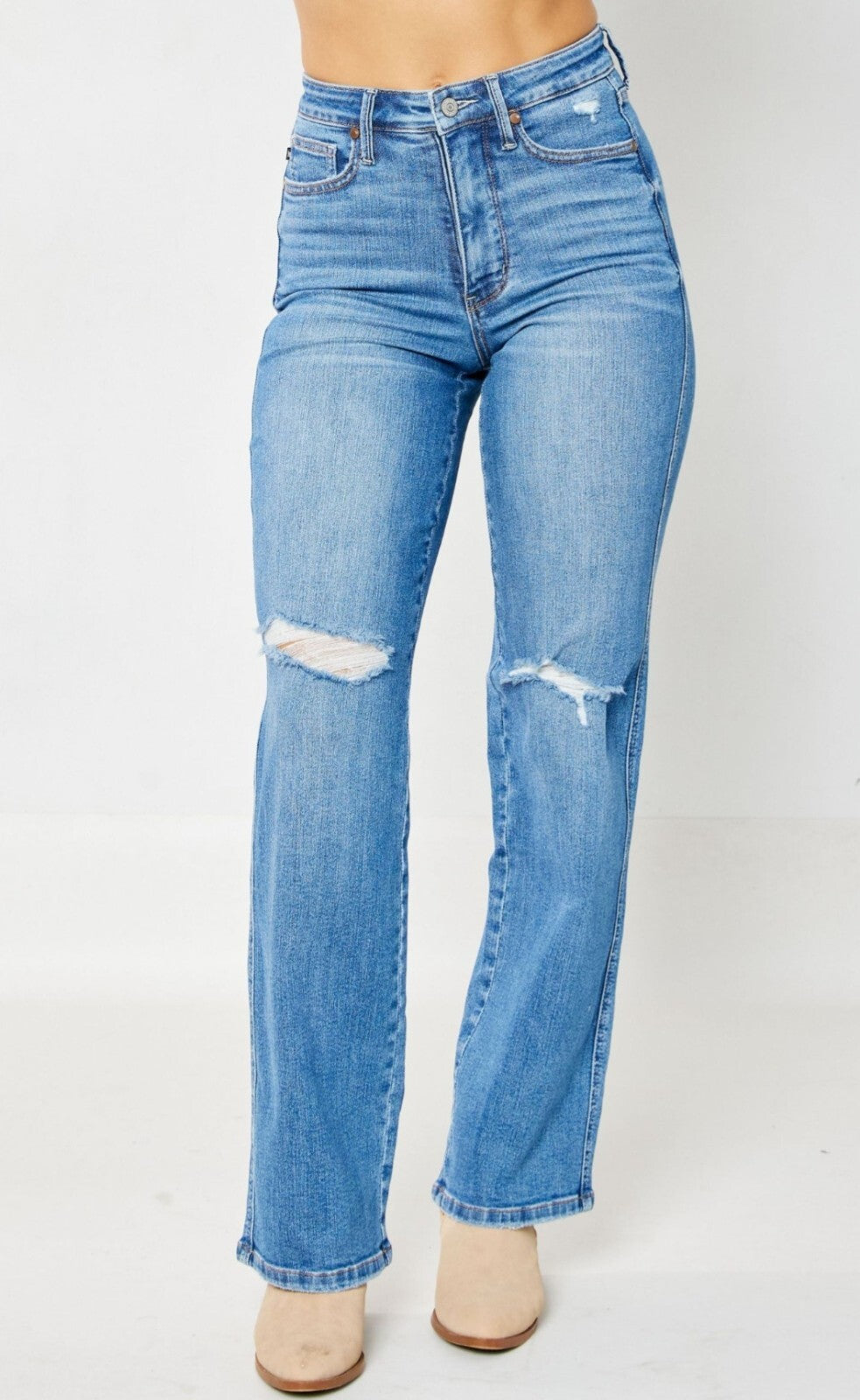 Judy Blue  High-Rise Straight  W/ Tummy Control Destroyed Knee Jeans