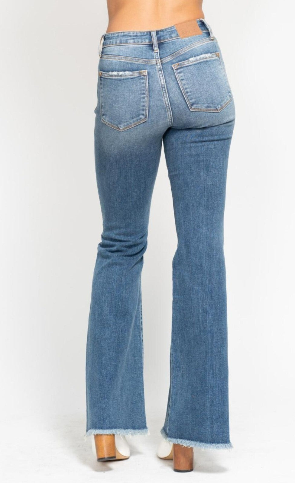 Judy Blue Mid-Rise Button Fly Flare W/ Frayed Hem Jeans