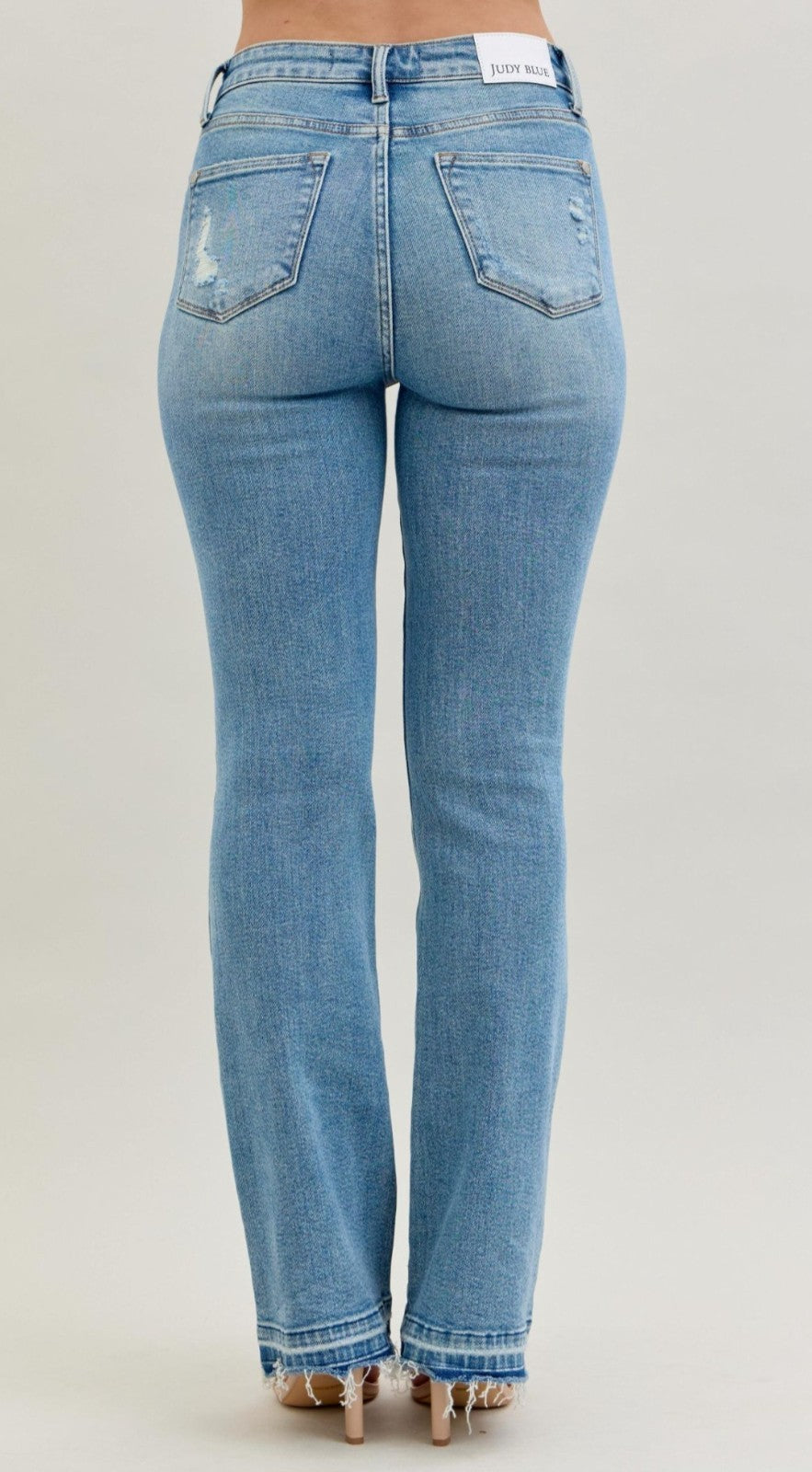 Judy Blue Mid- Rise Destroyed Knee  Release Hem Bootcut Jeans