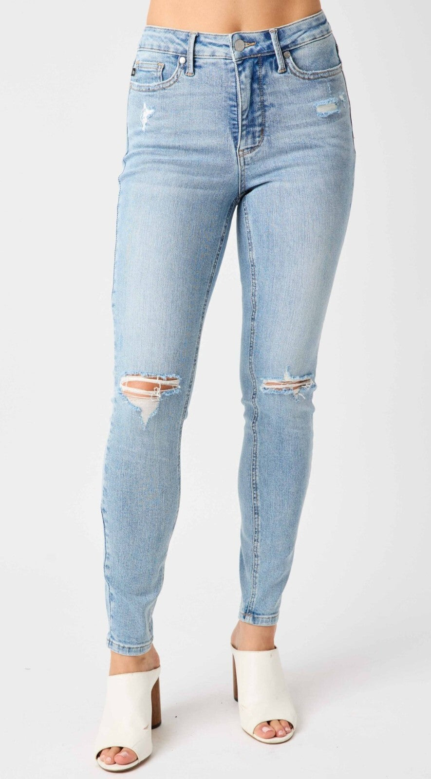 Judy Blue  Mid-Rise Skinny  W/ Tummy Control Destroyed Knee Jeans