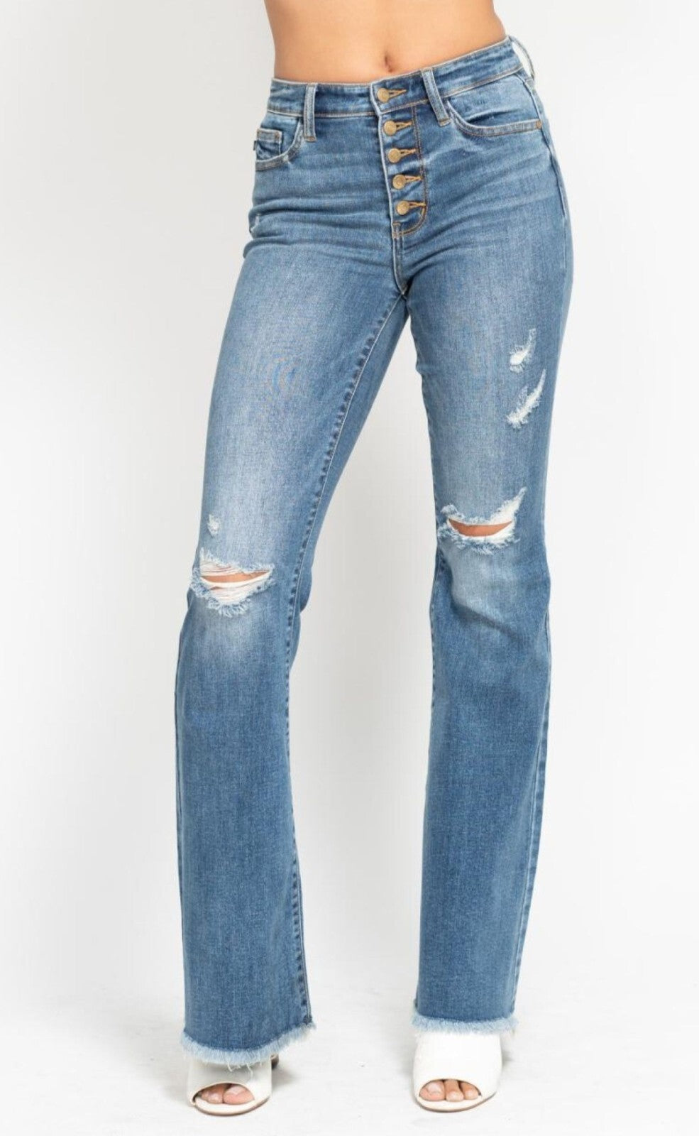 Judy Blue Mid-Rise Button Fly Flare W/ Frayed Hem Jeans