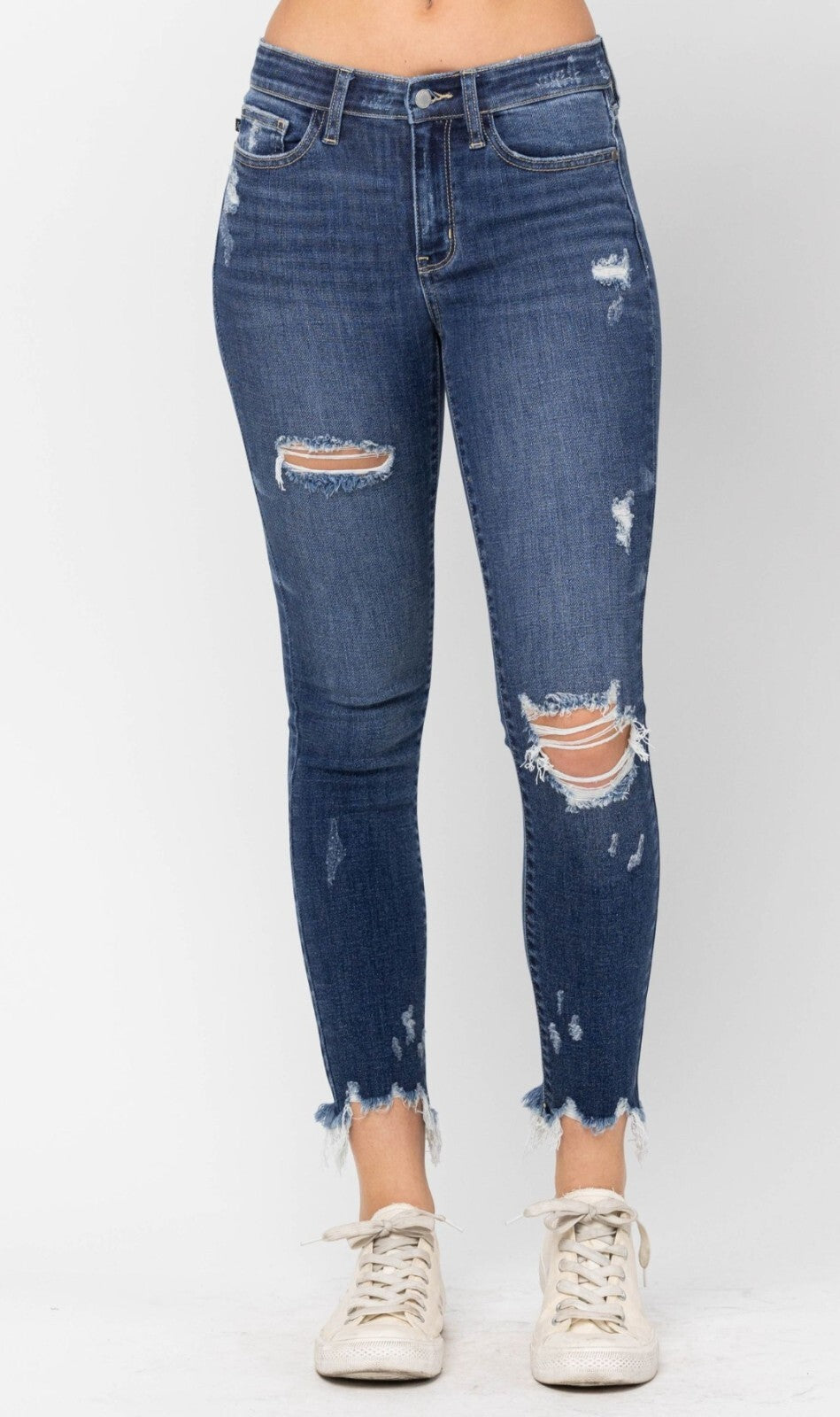 Judy Blue Mid-Rise Raw Hew Destroyed Skinny Jeans