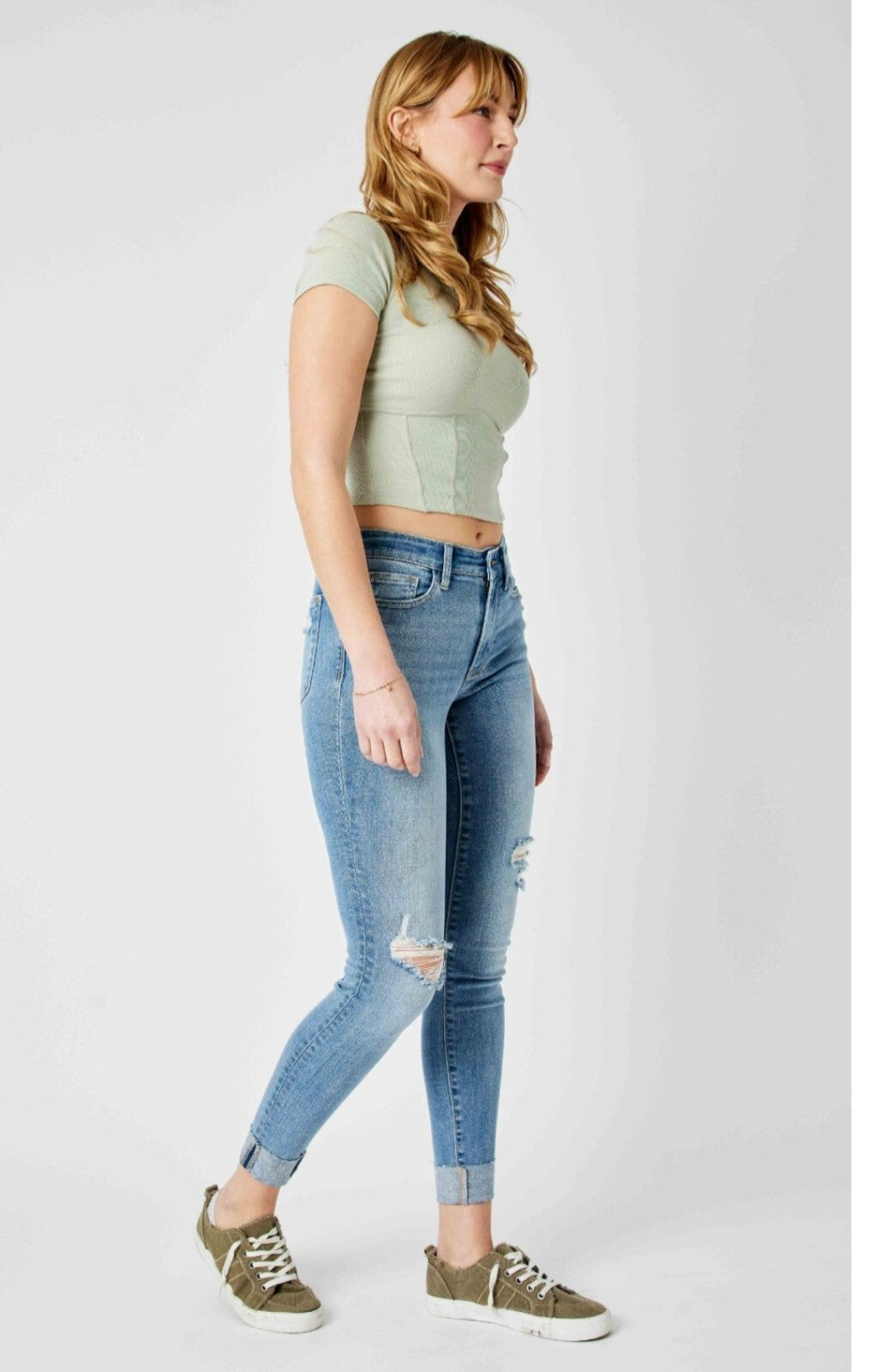Judy Blue Mid-Rise Distressed Cuff Skinny Jeans