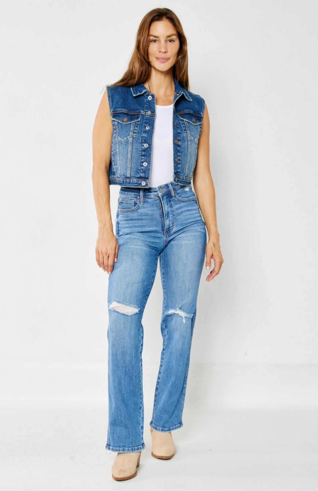 Judy Blue  High-Rise Straight  W/ Tummy Control Destroyed Knee Jeans