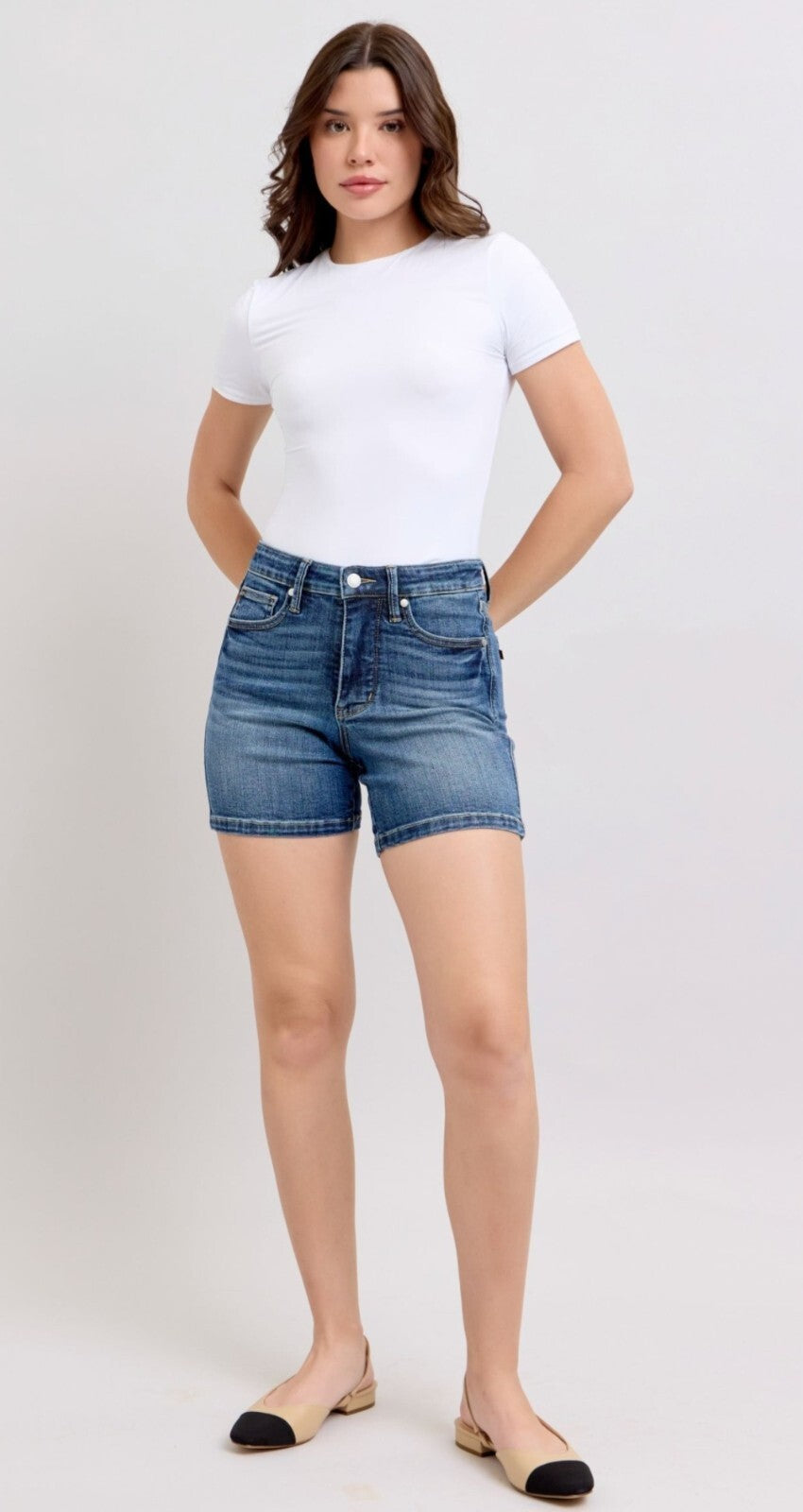 Judy Blue Mid-Rise W/ Tummy Control Mid Length  Shorts