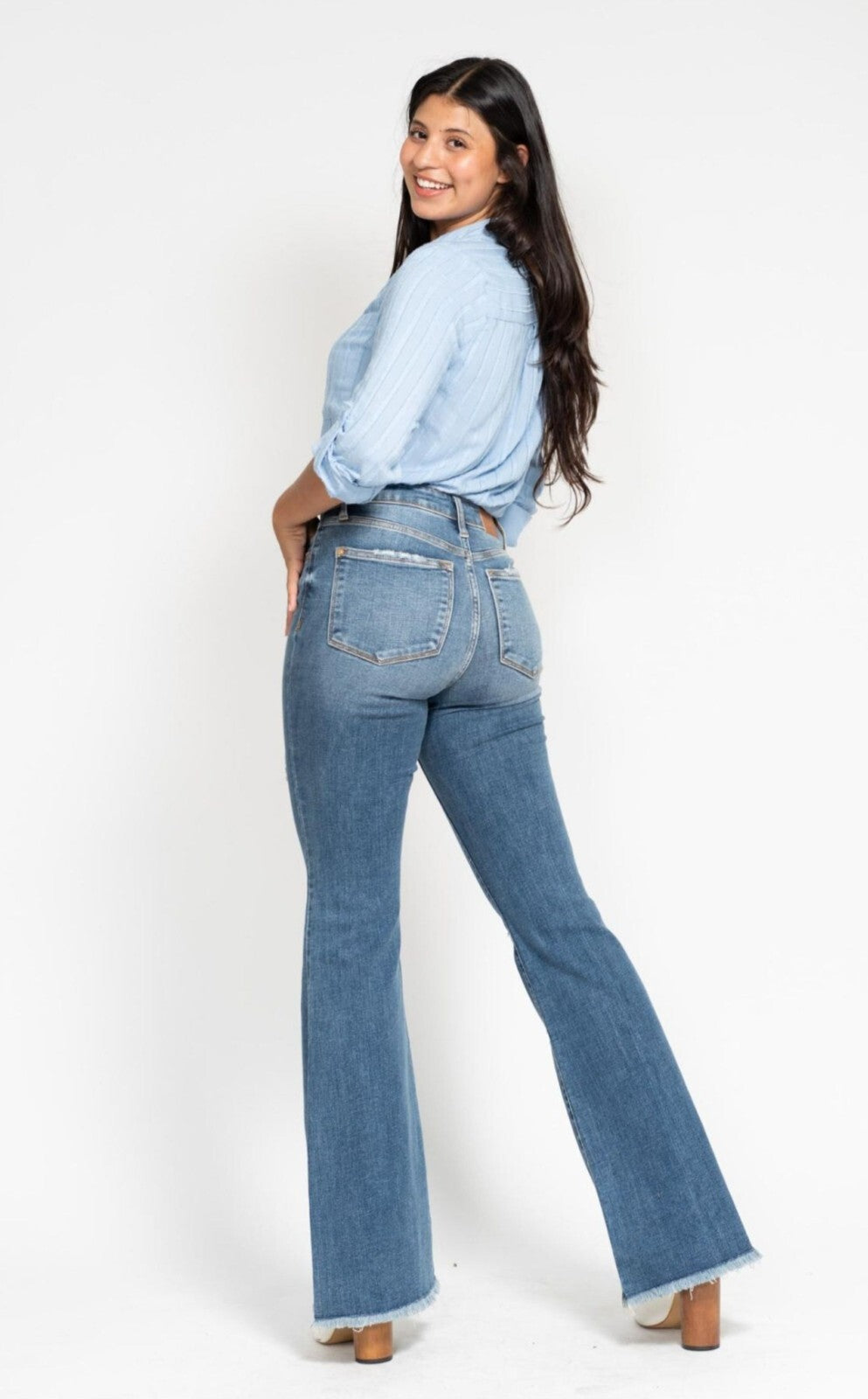 Judy Blue Mid-Rise Button Fly Flare W/ Frayed Hem Jeans