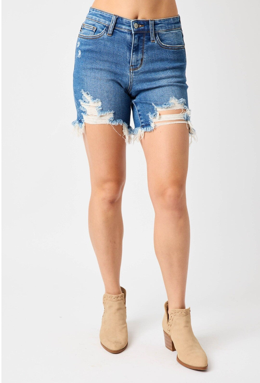 Judy Blue Mid-Rise Destroy  W/ Fray Hem Shorts