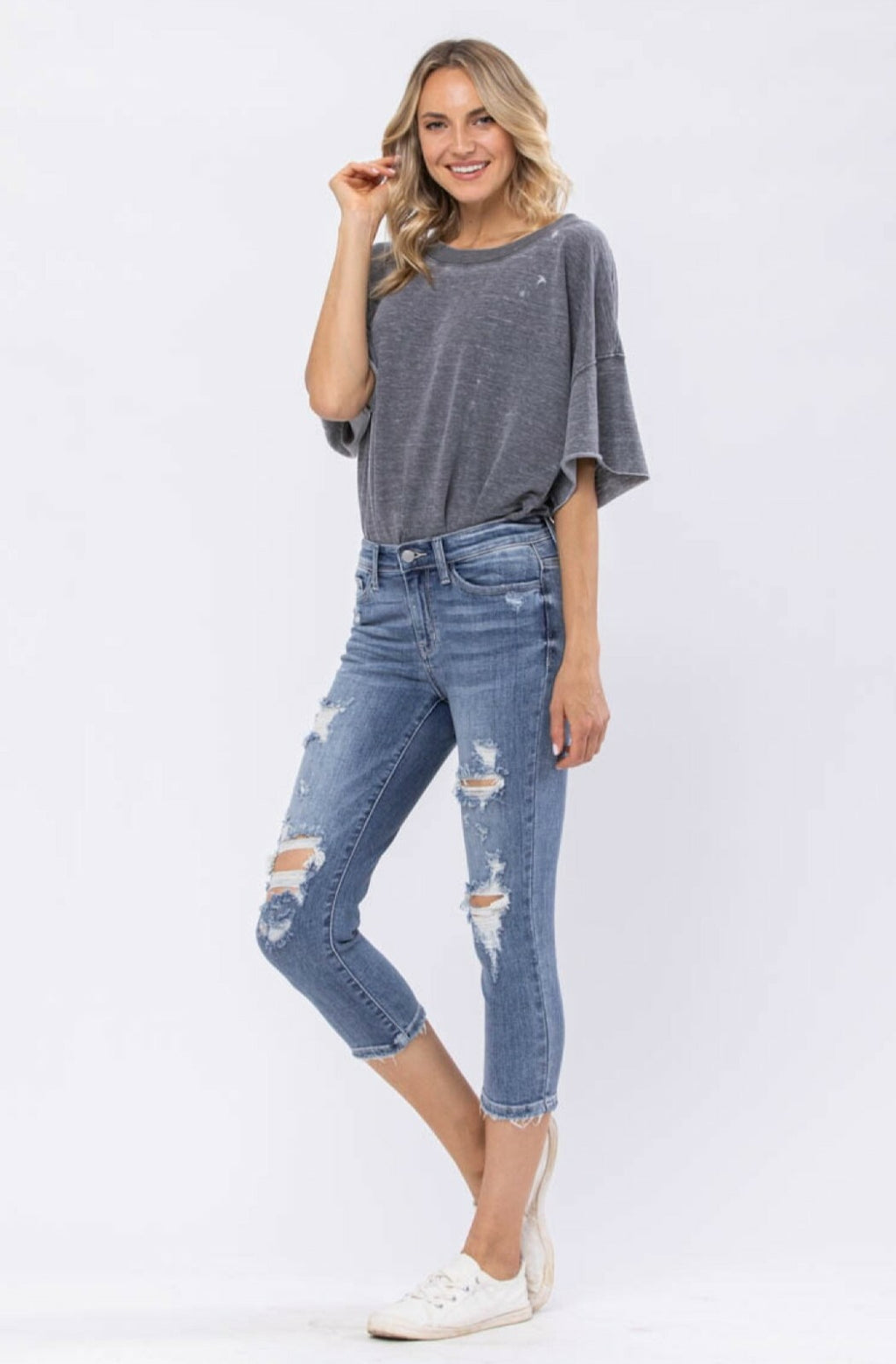 Judy Blue Mid-Rise Skinny Destroyed 22" Inseam Capri