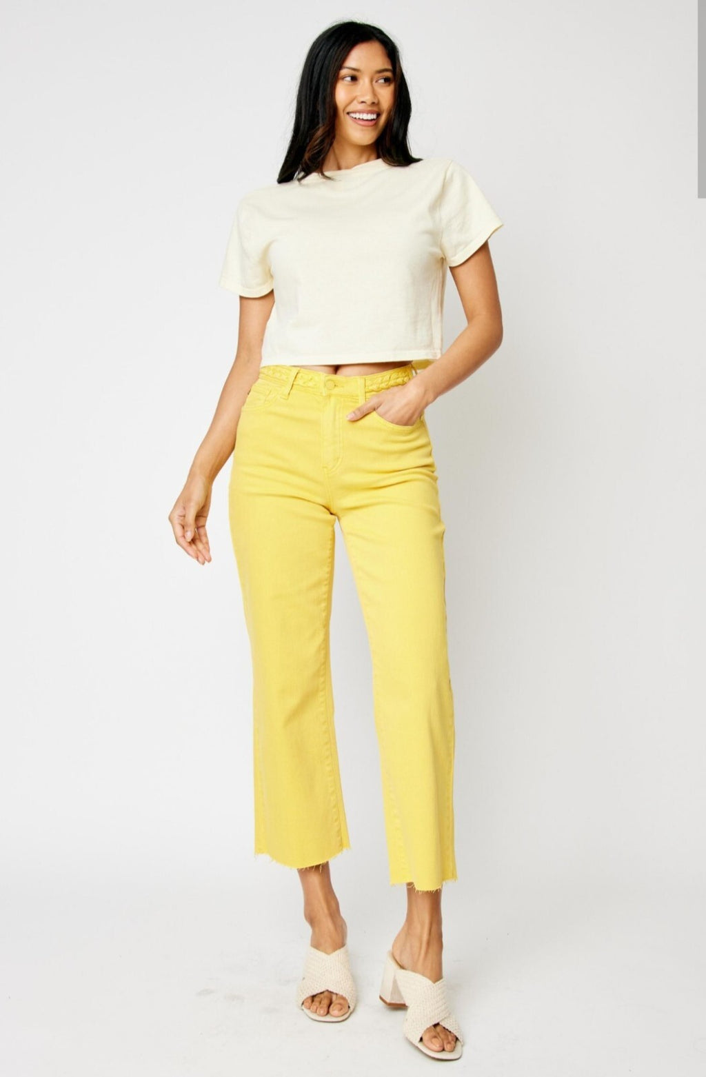 Judy Blue High-Rise Yellow W/Braided WaistBand Wide Leg Crop Jeans