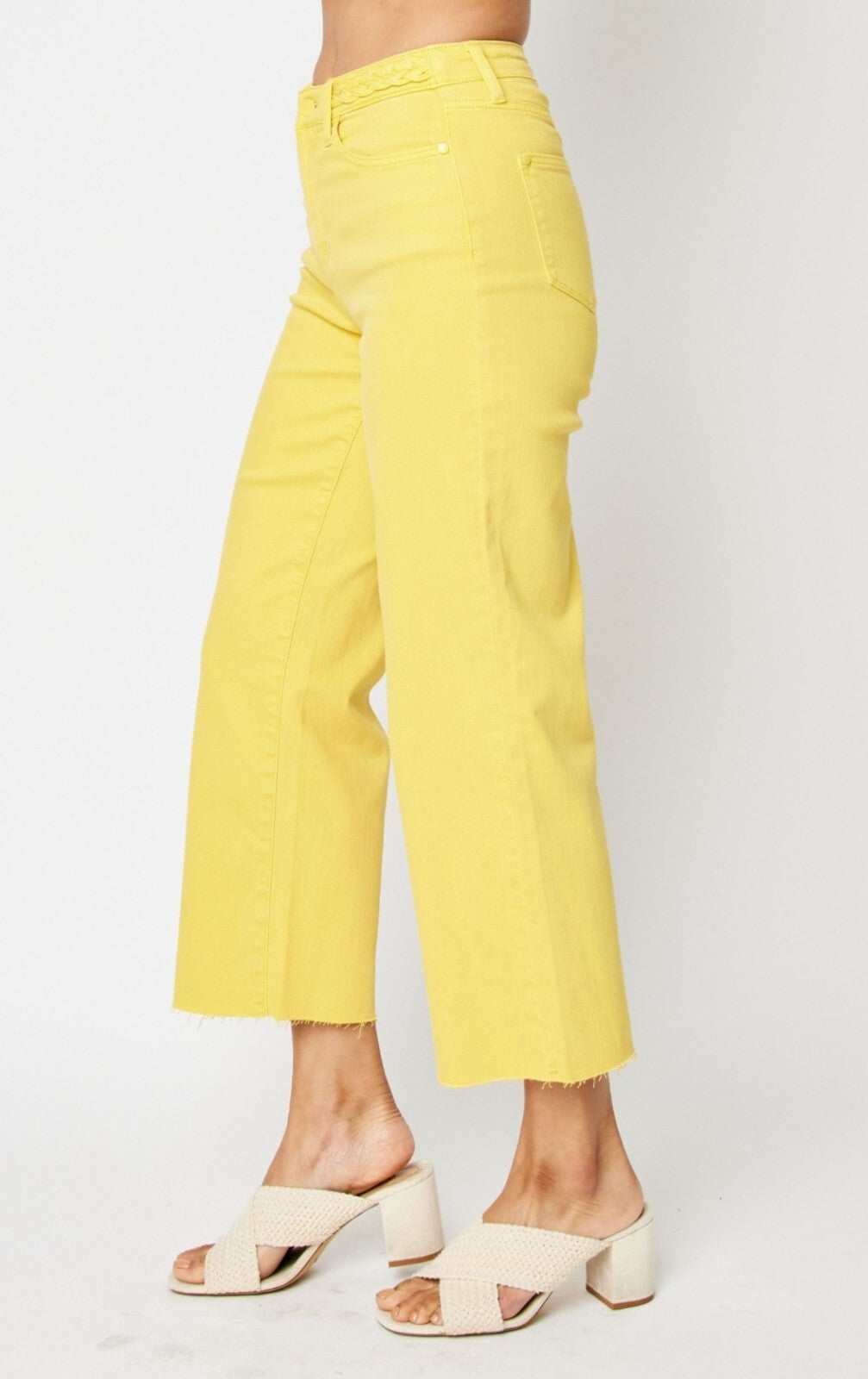 Judy Blue High-Rise Yellow W/Braided WaistBand Wide Leg Crop Jeans