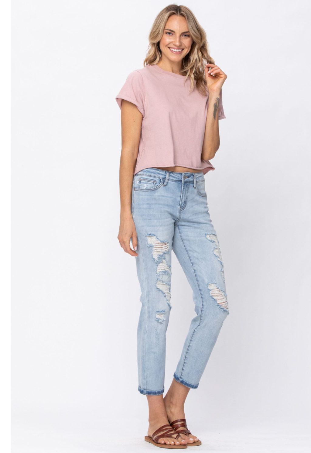Judy Blue Destroyed Mid-Rise Boyfriend Jeans