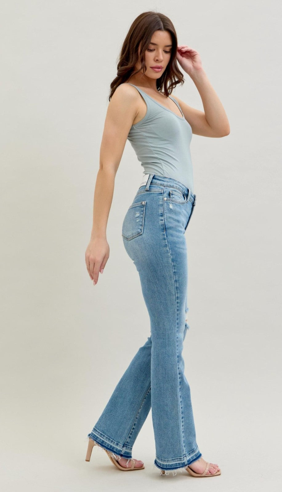 Judy Blue Mid- Rise Destroyed Knee  Release Hem Bootcut Jeans