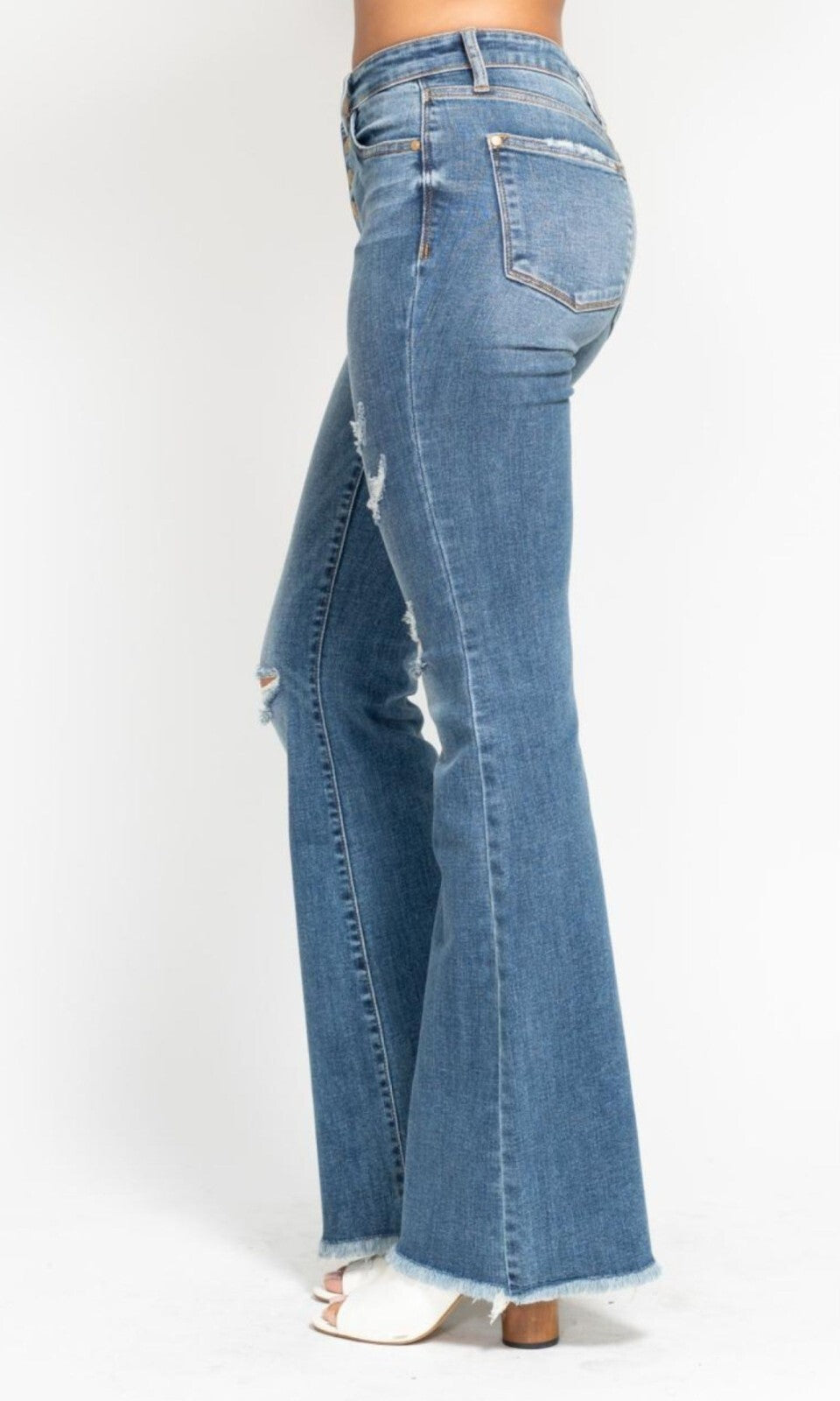 Judy Blue Mid-Rise Button Fly Flare W/ Frayed Hem Jeans