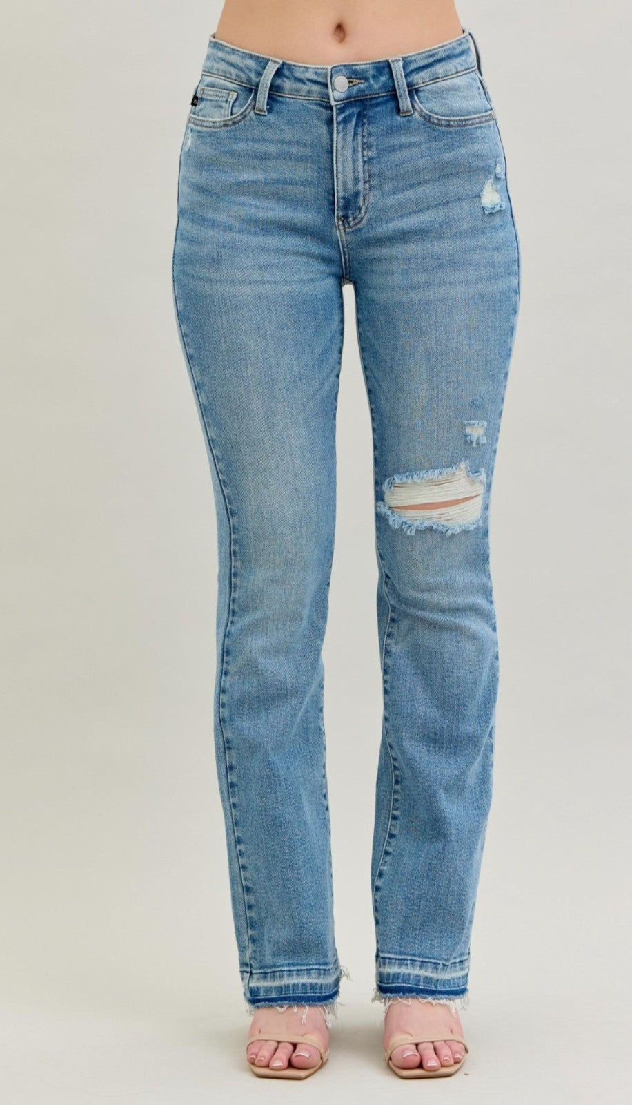 Judy Blue Mid- Rise Destroyed Knee  Release Hem Bootcut Jeans