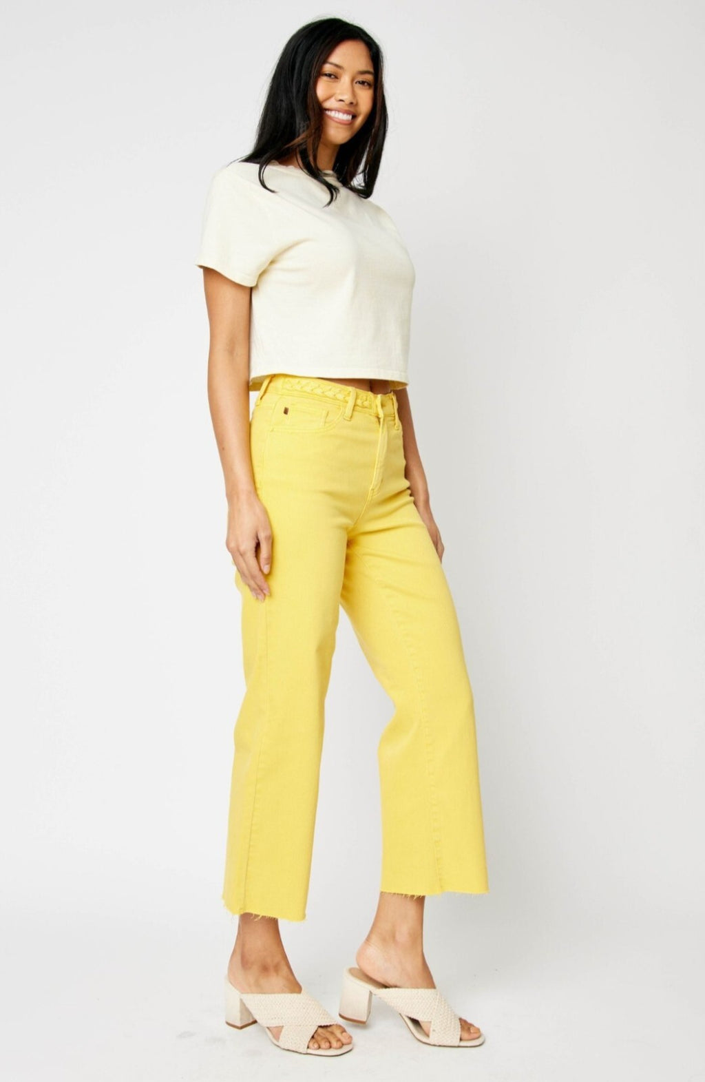 Judy Blue High-Rise Yellow W/Braided WaistBand Wide Leg Crop Jeans
